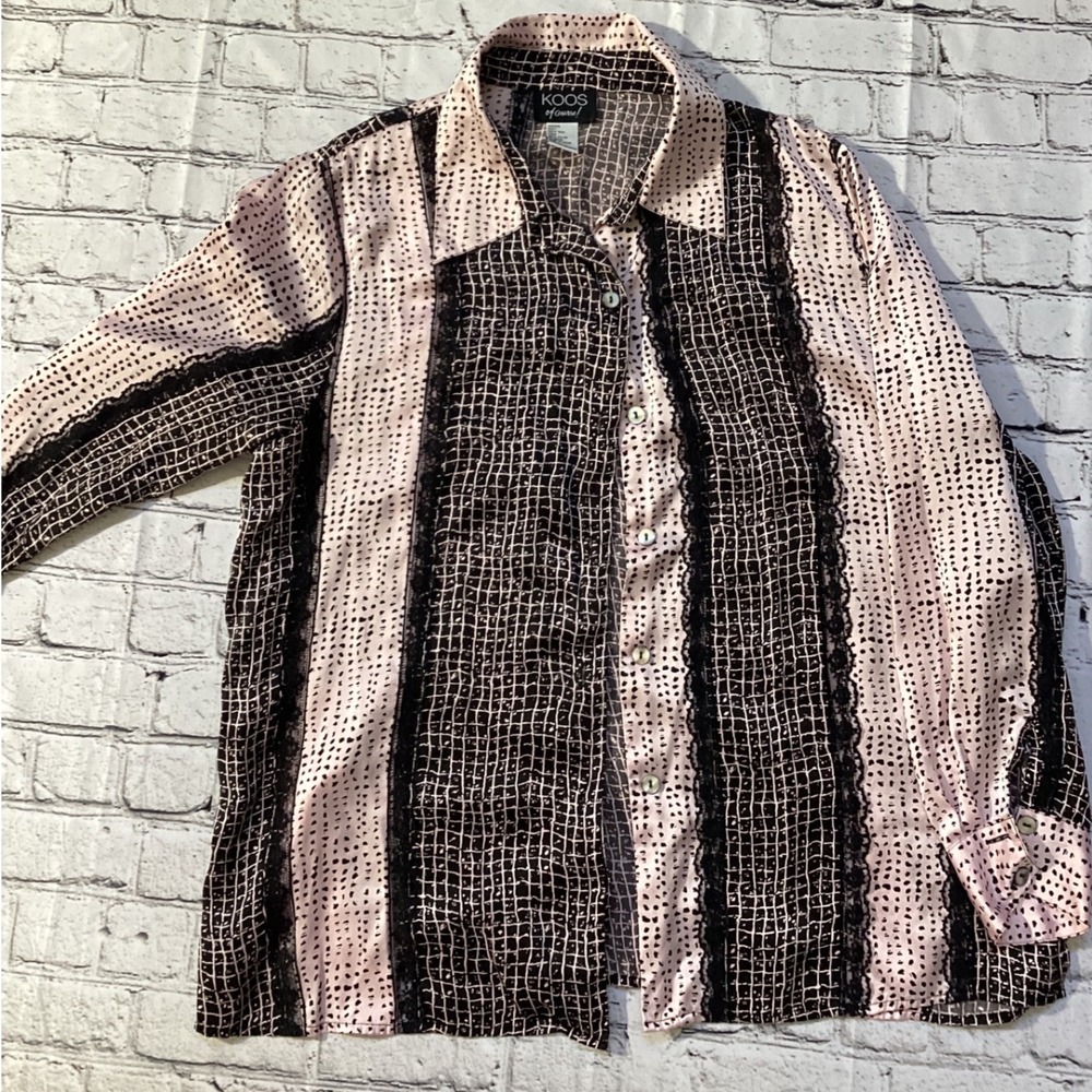 Koos of Course! Womens Pink Black Striped Silk Lace Trim Button Down Shirt L